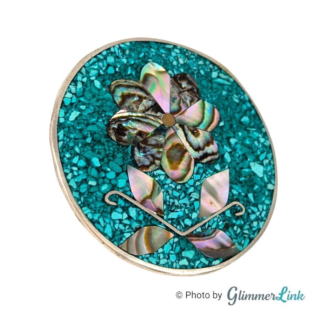Vintage Alpaca Mexico Floral Inlay Abalone Shell Silver Tone Brooch Pendant - Picture 2 of 7